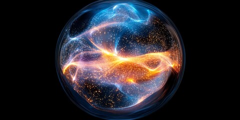 Abstract glowing orb with blue and orange energy swirling inside a transparent sphere against a black background.