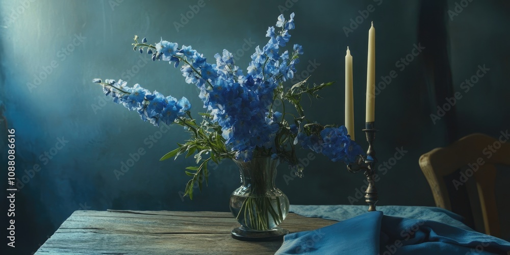 Poster tall blue delphinium flowers are arranged in a vase on the table alongside a candlestick and a fabri