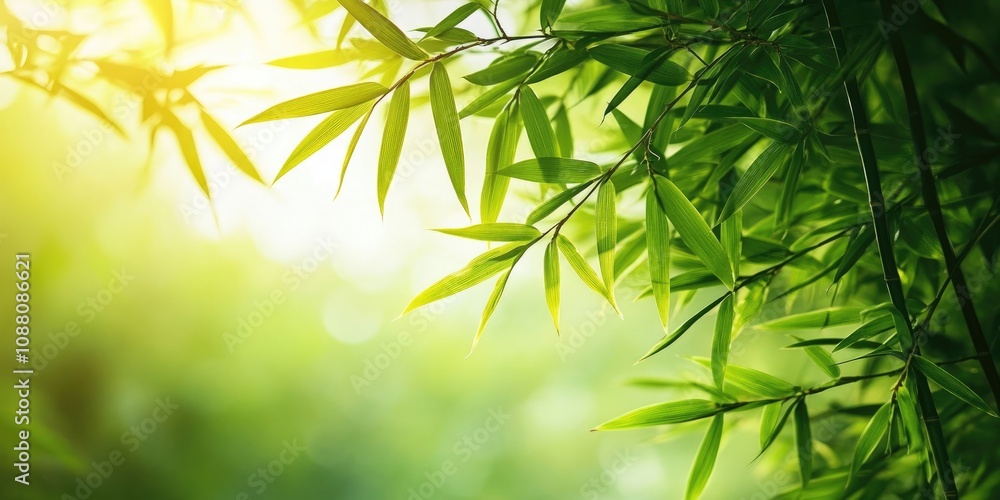 Poster close-up of a bamboo forest with green leaves illuminated by natural light. macro shot taken from be