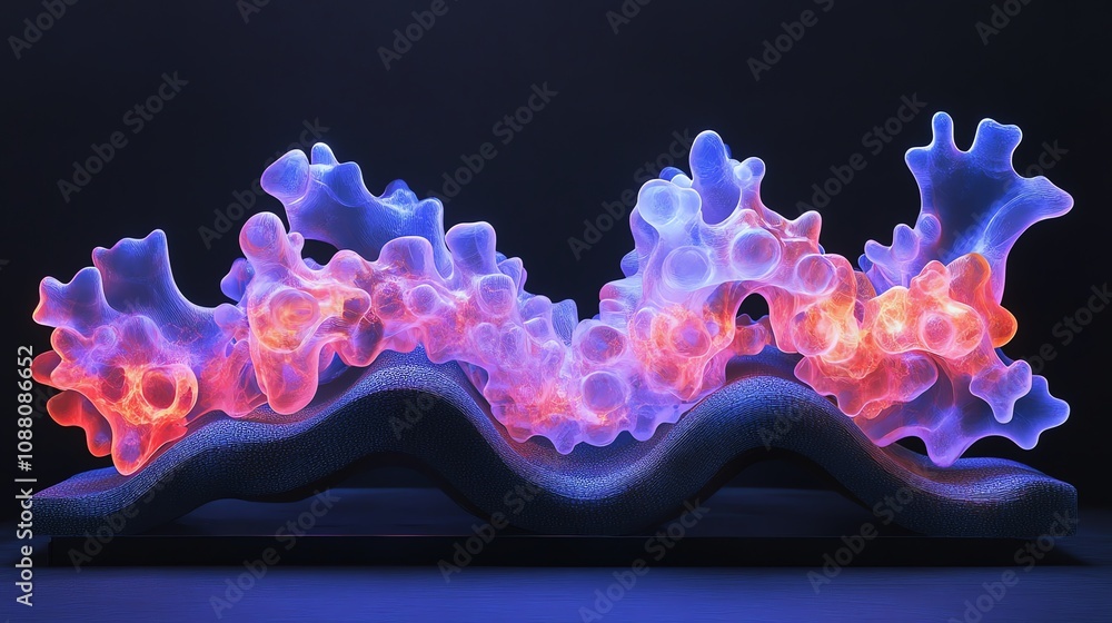 Poster abstract glowing organic forms on a textured surface.