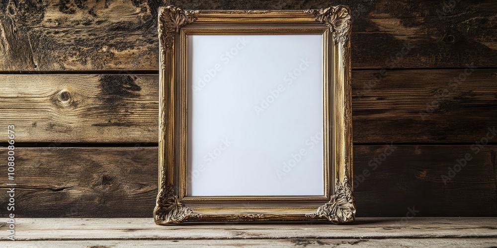 Aufkleber empty picture frame on wooden surface - frame canvas on wall