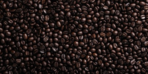 Obraz premium Food background featuring black roasted coffee beans. Top view with copyspace.