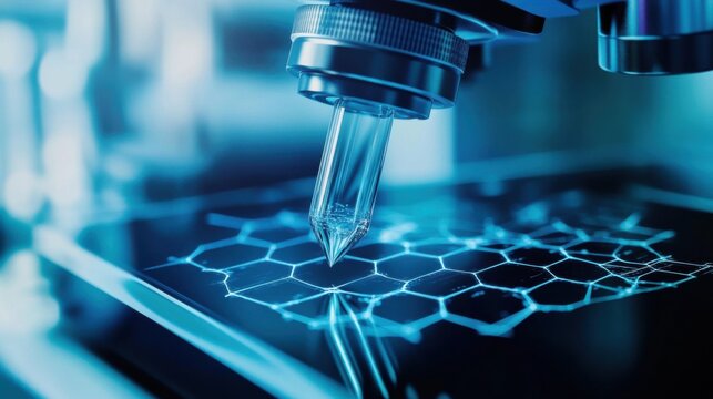 A detailed close-up of a graphene-based biosensing electrode, detecting biomolecules with high sensitivity and specificity, Biosensor technology style