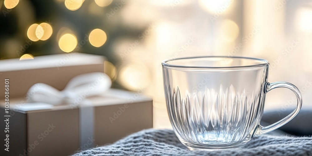 Aufkleber close-up of a glass cup with a blurred delicate box in the background and copyspace.