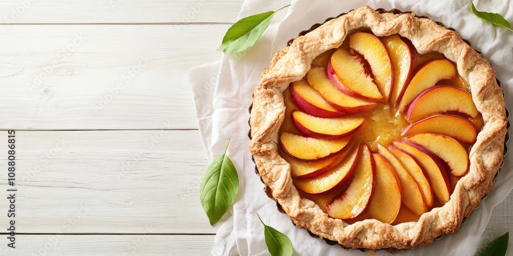 Poster Appetite summer peach galette on a white table with copyspace. Summer open tart image for a cookbook or food blog.