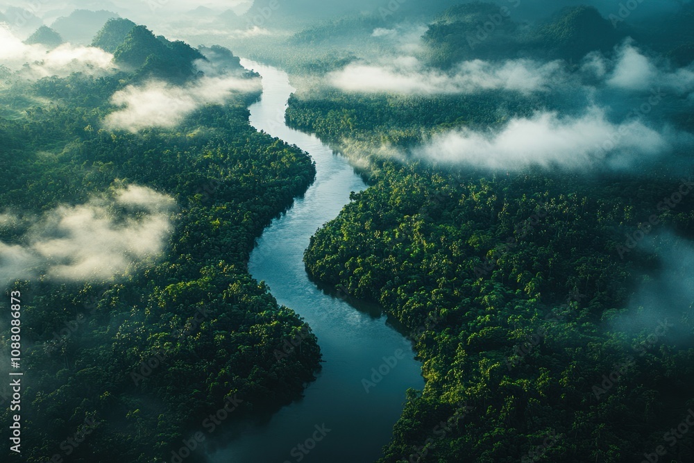 Poster aerial view of a winding river flowing through a lush green jungle with mist and fog in the backgrou