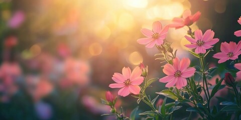 Fototapeta premium Selective focus image of lovely flowers against a blurred backdrop. Close-up, backlit. Suitable for wallpaper, postcard, poster design, banner, copy space.