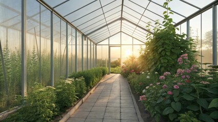 Obraz premium Transparent walls allowing sunlight to fill the greenhouse.