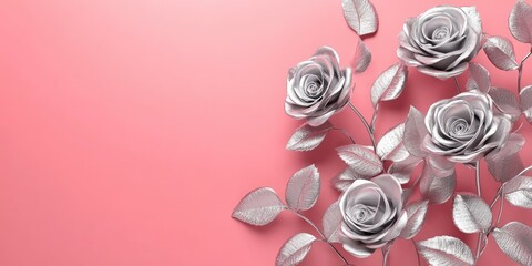 Pink backdrop for text featuring shimmering silver roses. Valentine's Day and love-themed feminine concept.