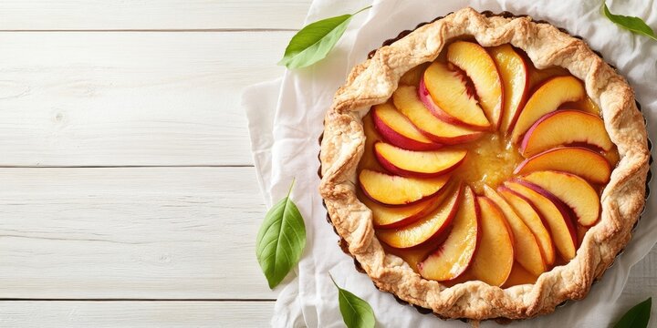 Appetite summer peach galette on a white table with copyspace. Summer open tart image for a cookbook or food blog.