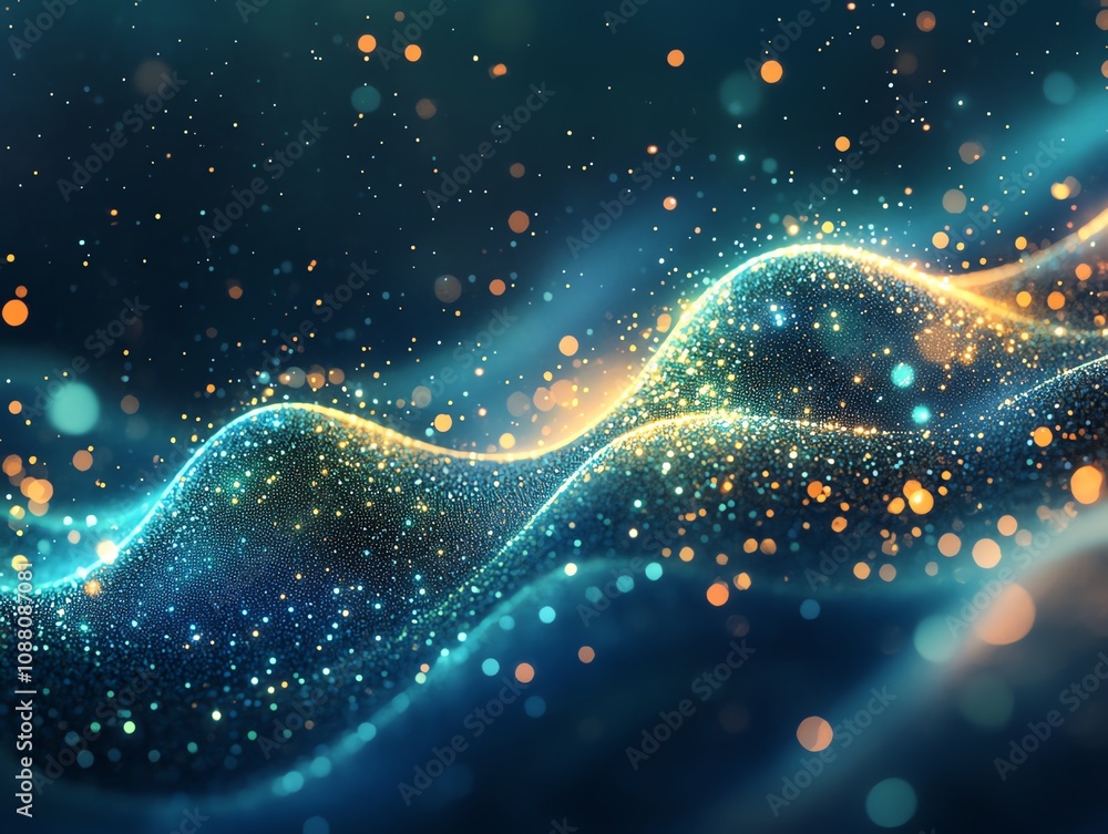Poster abstract glowing particles forming wavy lines on dark background.