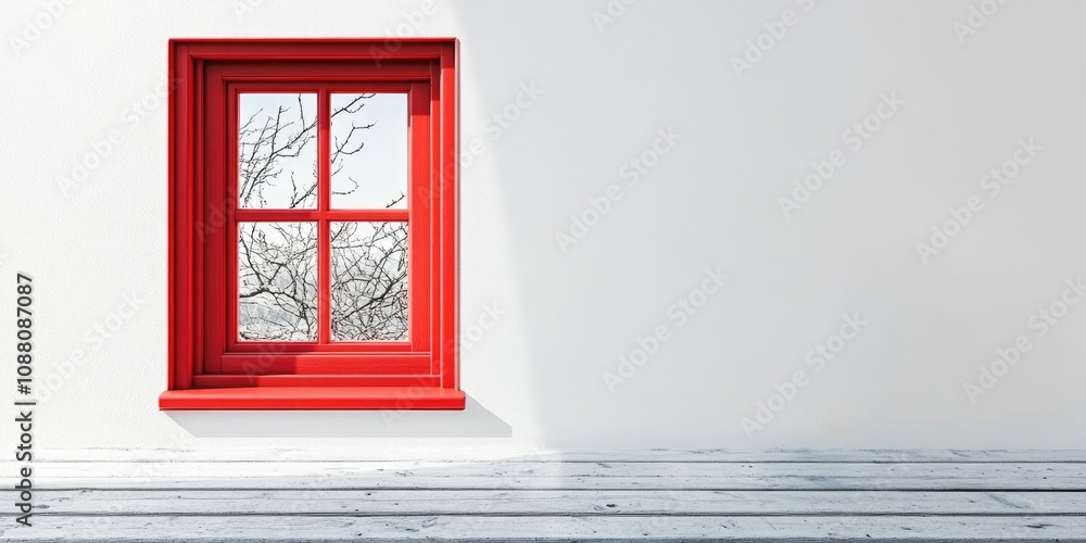 Poster red window on a white backdrop with copy space
