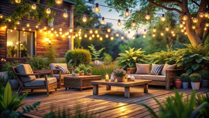 Fototapeta premium Cozy Patio with String Lights, Wooden Furniture, and Lush Greenery - Perfect Outdoor Retreat for Relaxation and Entertaining