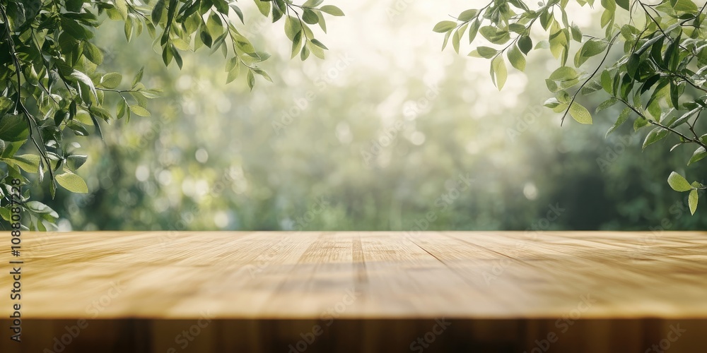 Poster An empty wooden countertop set against a hazy natural backdrop. Spring and summer scene. Bokeh effect. A bright day. Copyspace.