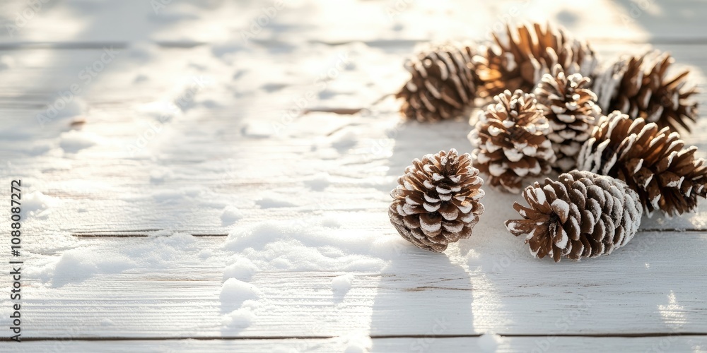 Poster Snow-covered and brown pine cones on a rustic white wood table with sunlight shadows, creating a Christmas decoration backdrop.