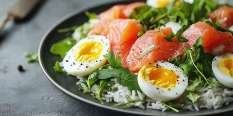 Salad featuring boiled rice, pink salmon, eggs, and greens on a plate. Copyspace.