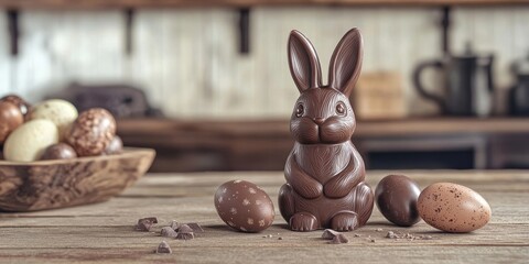Dark chocolate Easter bunny and eggs on a wooden table with a white background. Area for text.