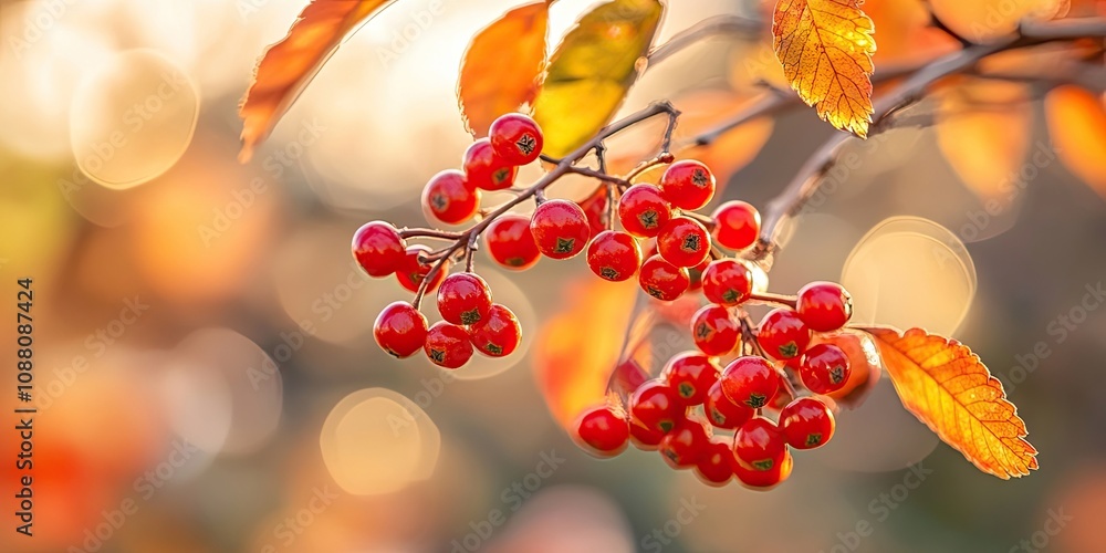 Poster autumn rowan berries on a branch. rowan berries are tart but high in vitamin c. close-up of red berr