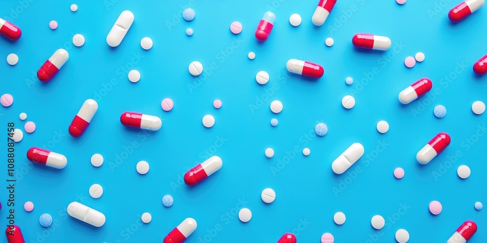 Poster pills are spread across a blue backdrop with a copyspace.