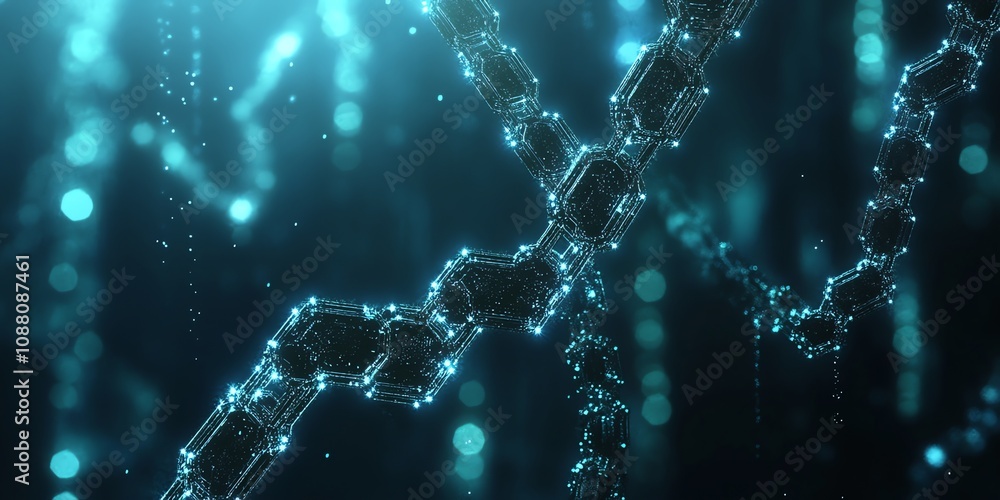 Poster abstract glowing polygonal chain links on dark teal background.