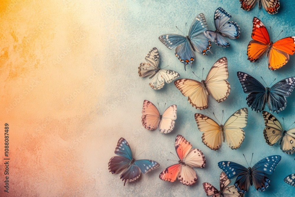 Poster a group of colorful butterflies are arranged on a light blue background with copy space on the right