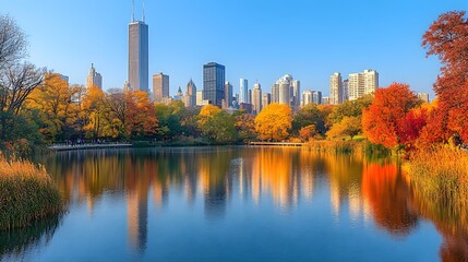 Fototapeta premium Scenic autumn view of a city skyline reflected in a serene lake with colorful trees.