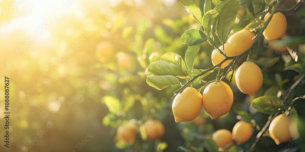 Poster a cluster of fresh, ripe lemons on a branch of a lemon tree in a sunny garden. copy space