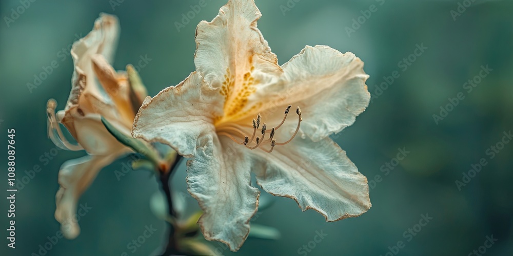 Aufkleber A desiccated azalea with stamens. Macro shot. Softly blurred green backdrop. Shallow depth of field. Copy space. Toned photograph.