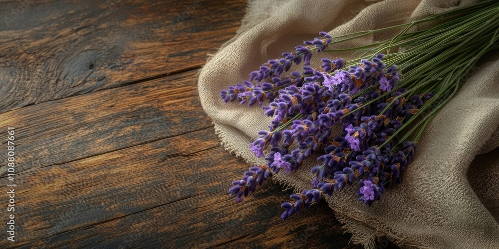 Poster A bundle of lavender flowers resting on a cloth on a wooden surface with copy space. A bundle of lavender flowers resting on a cloth on a wooden surface with copy space.