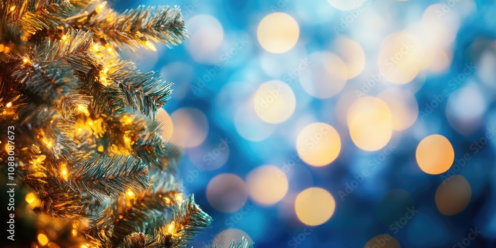 Poster christmas tree adorned with a warm garland against a blurred background. nighttime blur with yellow 