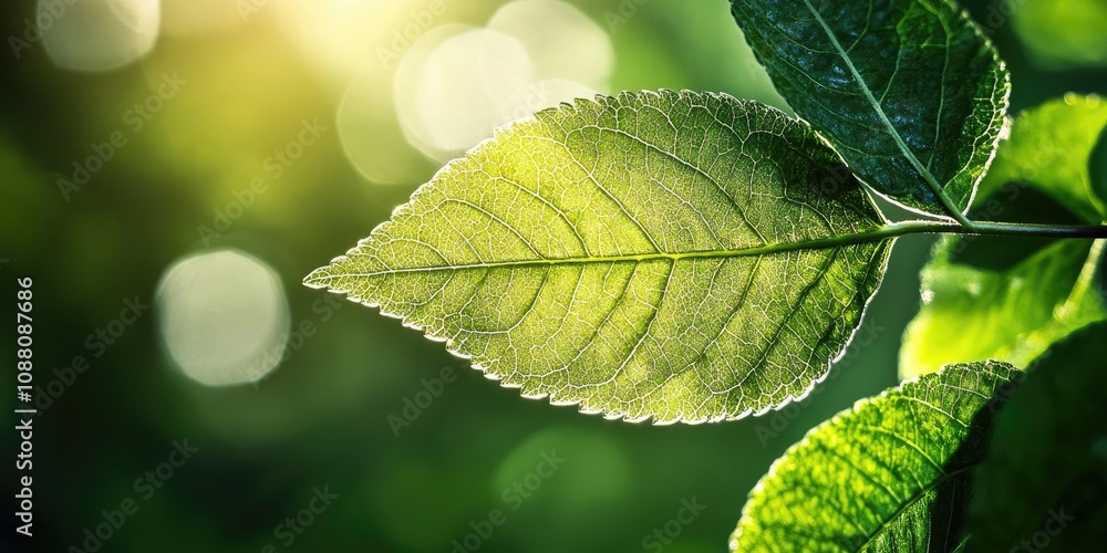 Aufkleber close-up of a green leaf in sunlight in the garden. natural backdrop with copyspace.