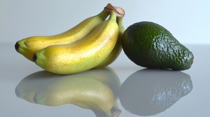 Fresh Avocado and Banana on Reflective Surface