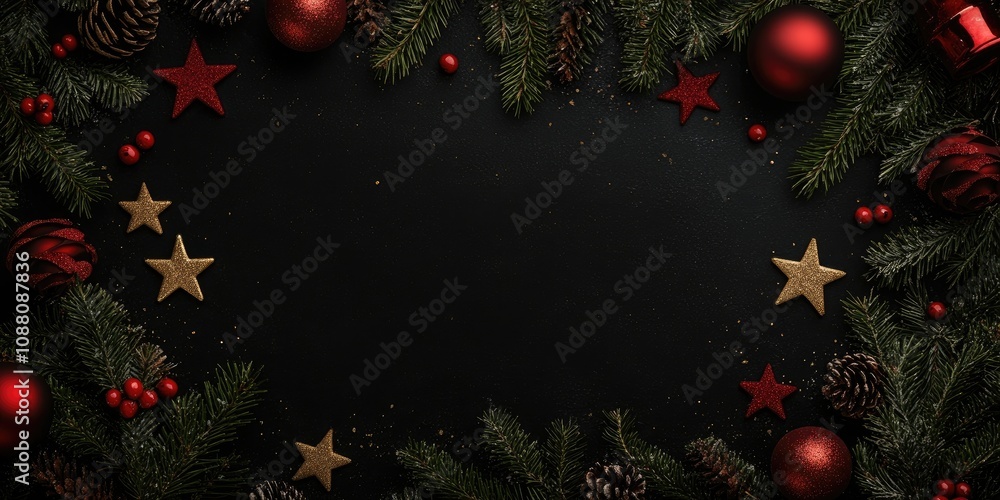 Poster Christmas frame created from fir tree branches and decorations on a black background with room for text. Wishing you a Merry Christmas and a Happy New Year. Xmas theme. Top view. Copyspace.