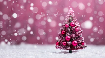 Obraz premium Miniature pink Christmas tree with snow backdrop.