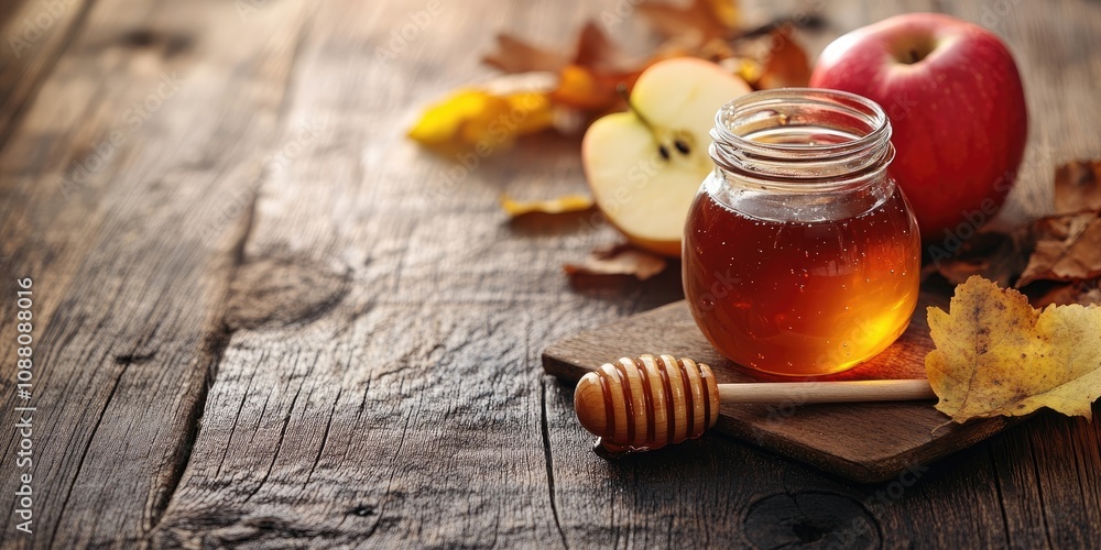 Poster high angle view of a honey dipper resting on a jar of honey and an apple on a wooden table, with cop