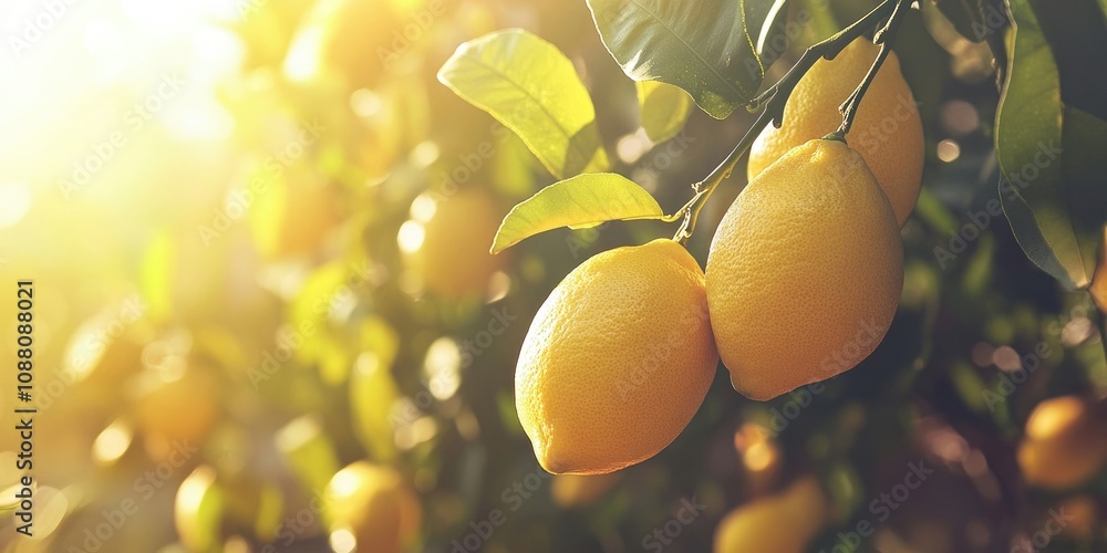 Aufkleber a cluster of fresh, ripe lemons on a branch of a lemon tree in a sunny garden. copy space