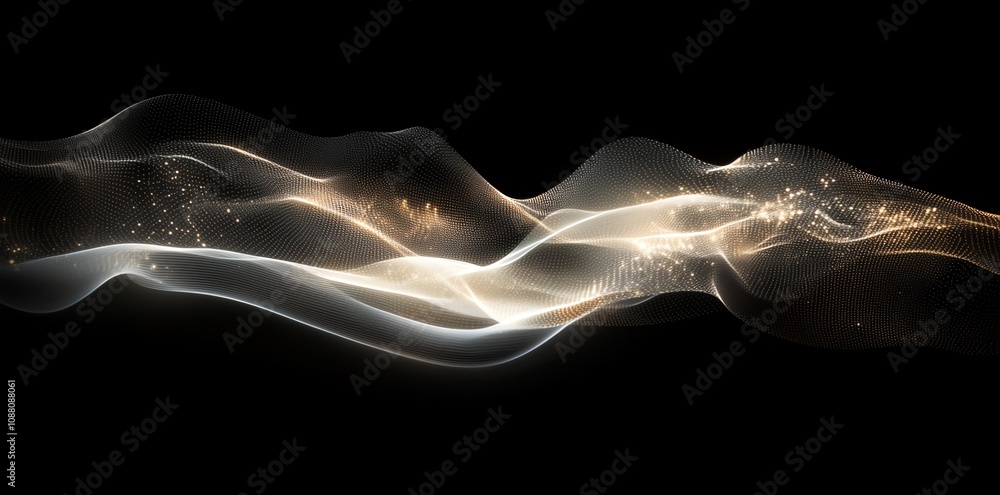 Poster abstract glowing wave with gold particles on black background.