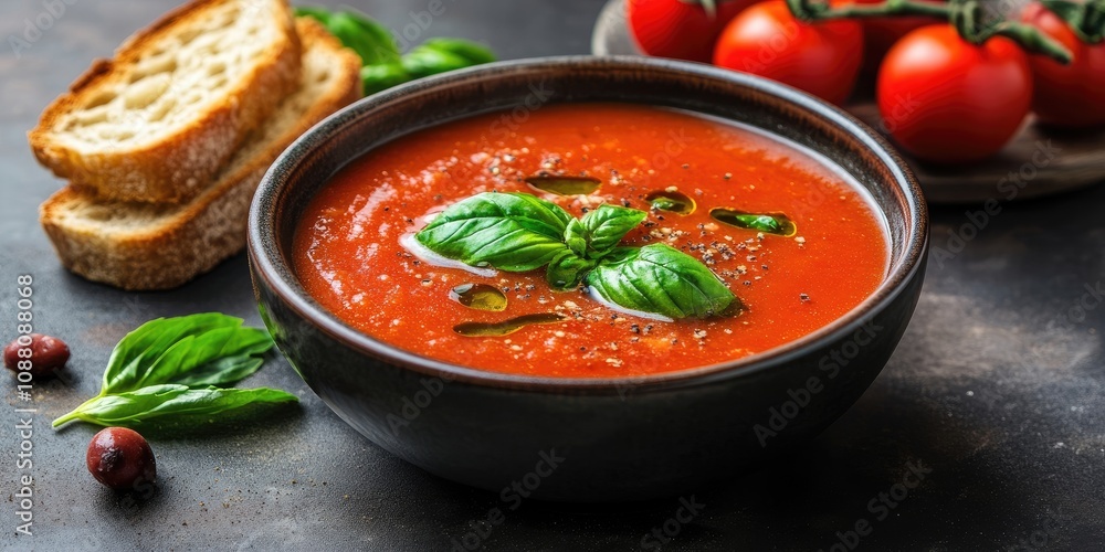 Poster tomato soup with basil and bread in a bowl against a dark background.