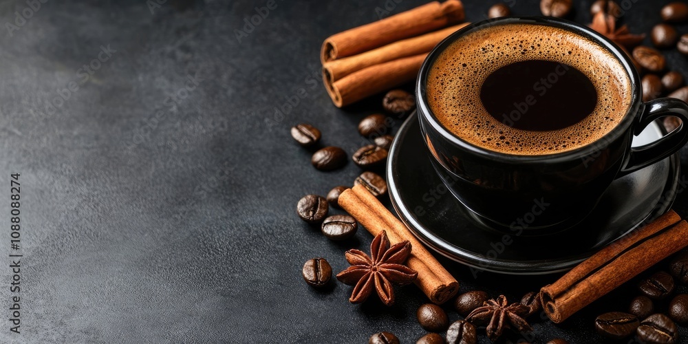 Poster black coffee with cinnamon on a dark background. copy space for your text
