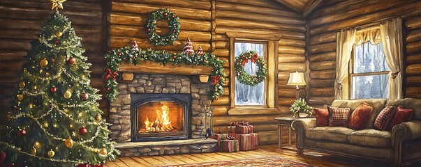 Obraz premium Warm and inviting log cabin interior with Christmas tree, wreaths, and fireplace in watercolor