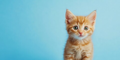 Obraz premium Adorable red kitten on a blue background. A playful and amusing pet. Copy space.