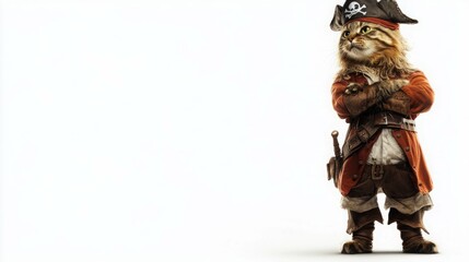 A fierce feline pirate captain, paws crossed, stands against a white background.