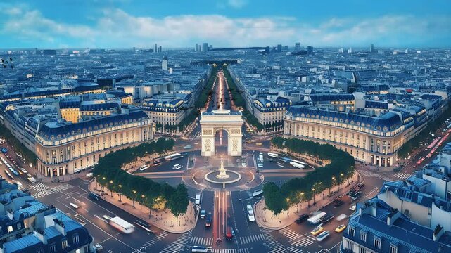 The arch is surrounded by busy streets. The Paris skyline glows as dusk falls, illuminating the historic architecture with warm hues. birds flying, twilight evening. 4K videos
