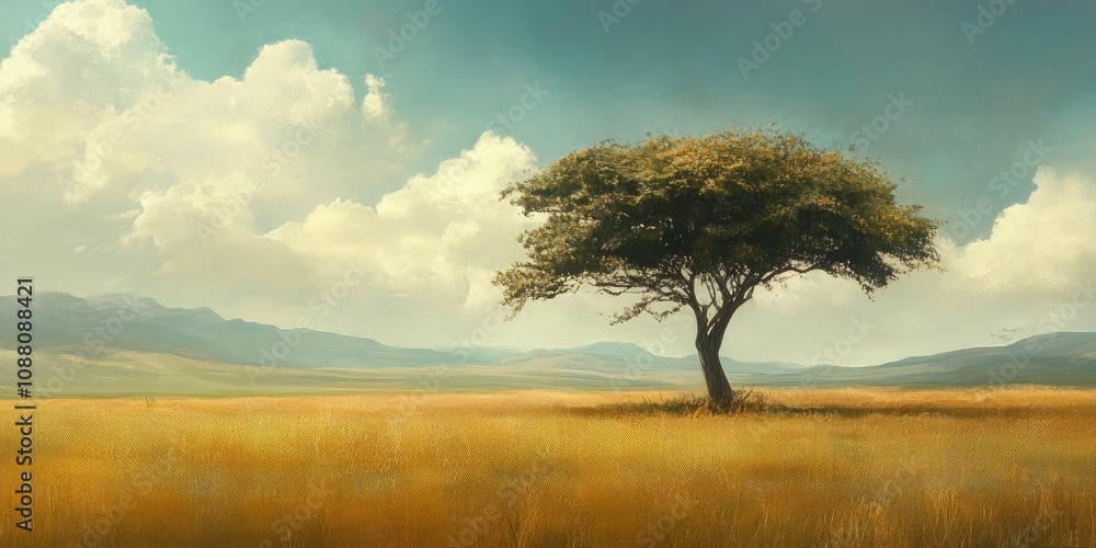 Poster acacia tree in the open grassland.