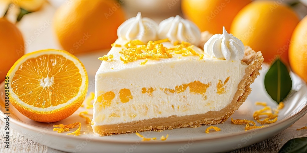 Poster Closeup of a slice of orange chiffon ice box pie in selective focus with a shallow depth of field. It is garnished with orange zest and surrounded by citrus fruits.