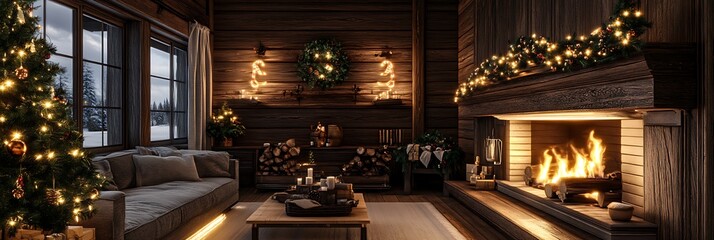 Warm rustic living room with glowing fireplace, festive tree, and natural wood tones