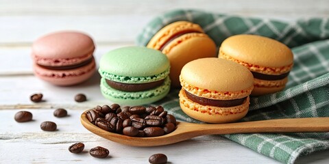 Obraz premium Colored macaroons and a wooden spoon with coffee beans on a green plaid towel, set against a light wooden background.