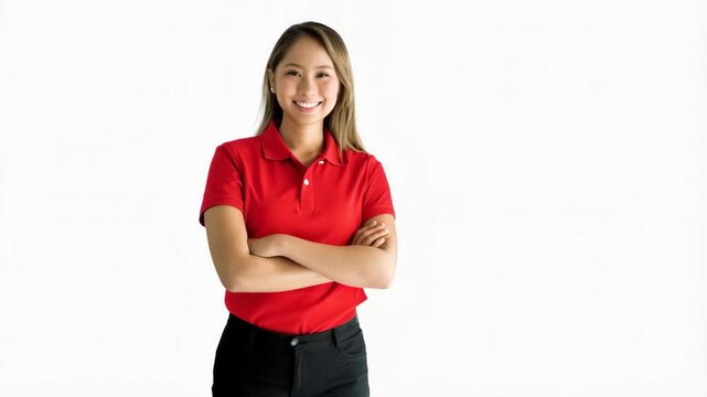 Young Philippine woman in a red polo shirt, smiling brightly with arms crossed, posing on white background.