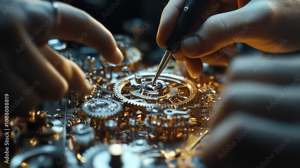Poster Close-up of a technician's hands working on a complex clockwork mechanism, adjusting a small gear with a tool.
