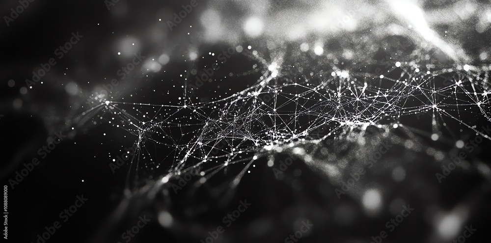 Poster Abstract grayscale image of interconnected nodes forming a complex network.